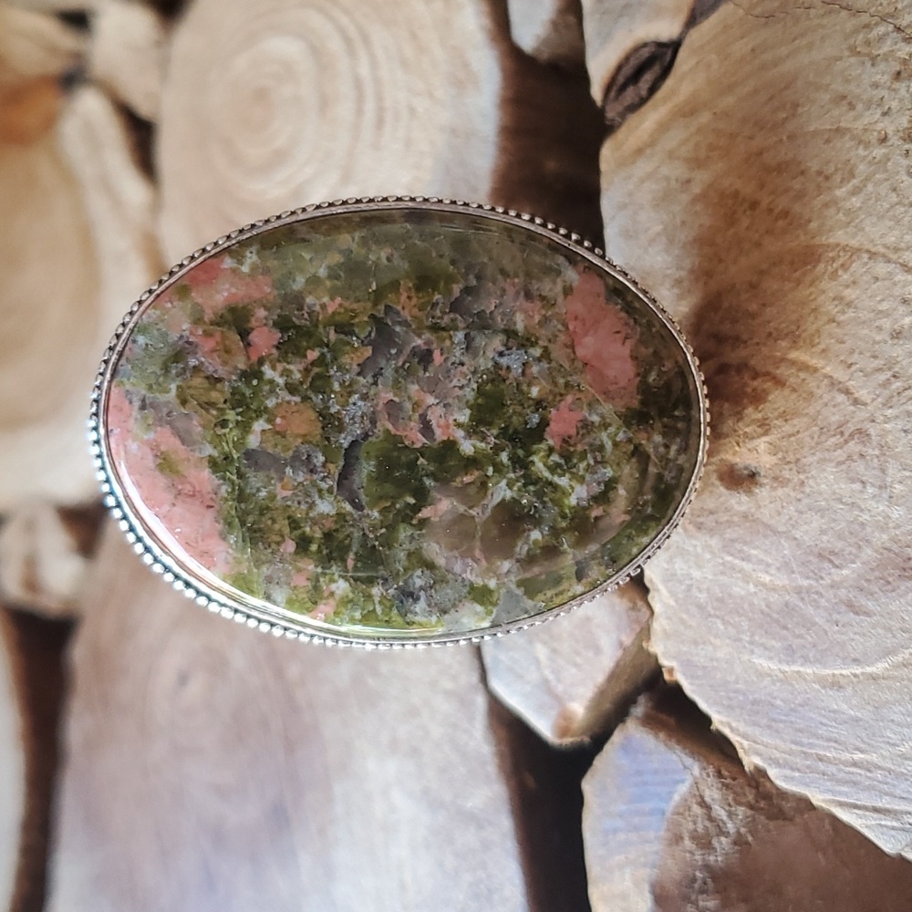 New Oversized Unakite 925 Silver Ring.